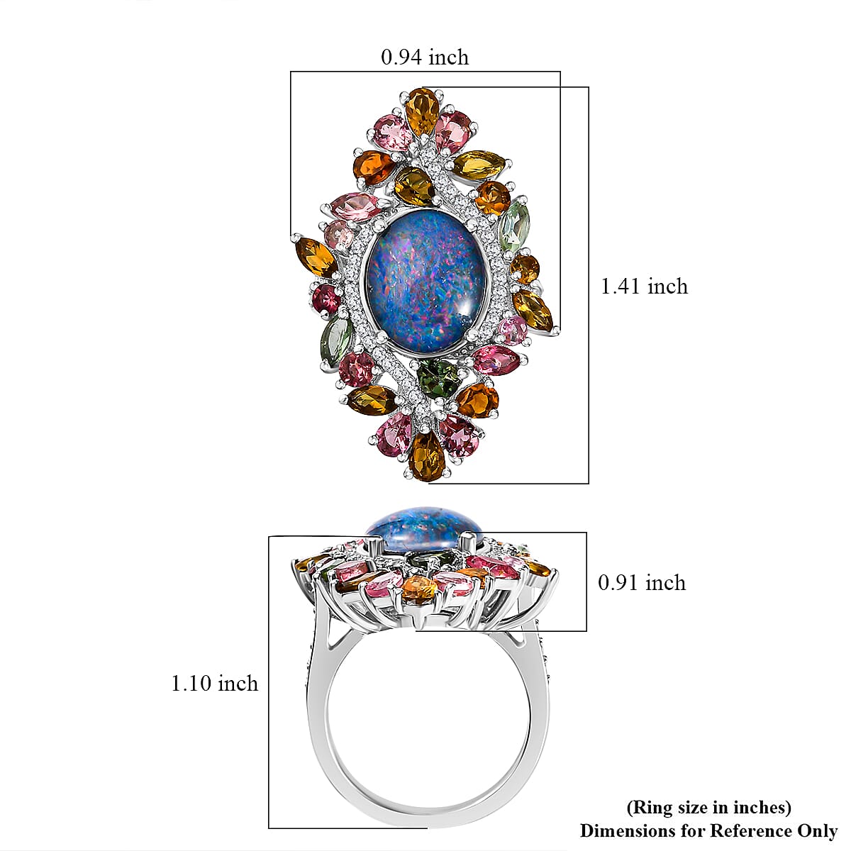 Premium Boulder Opal (Triplet) and Multi Gemstone 6.20 ctw Forest Bloom Ring in Rhodium Over Sterling Silver (Size 9.0) image number 6
