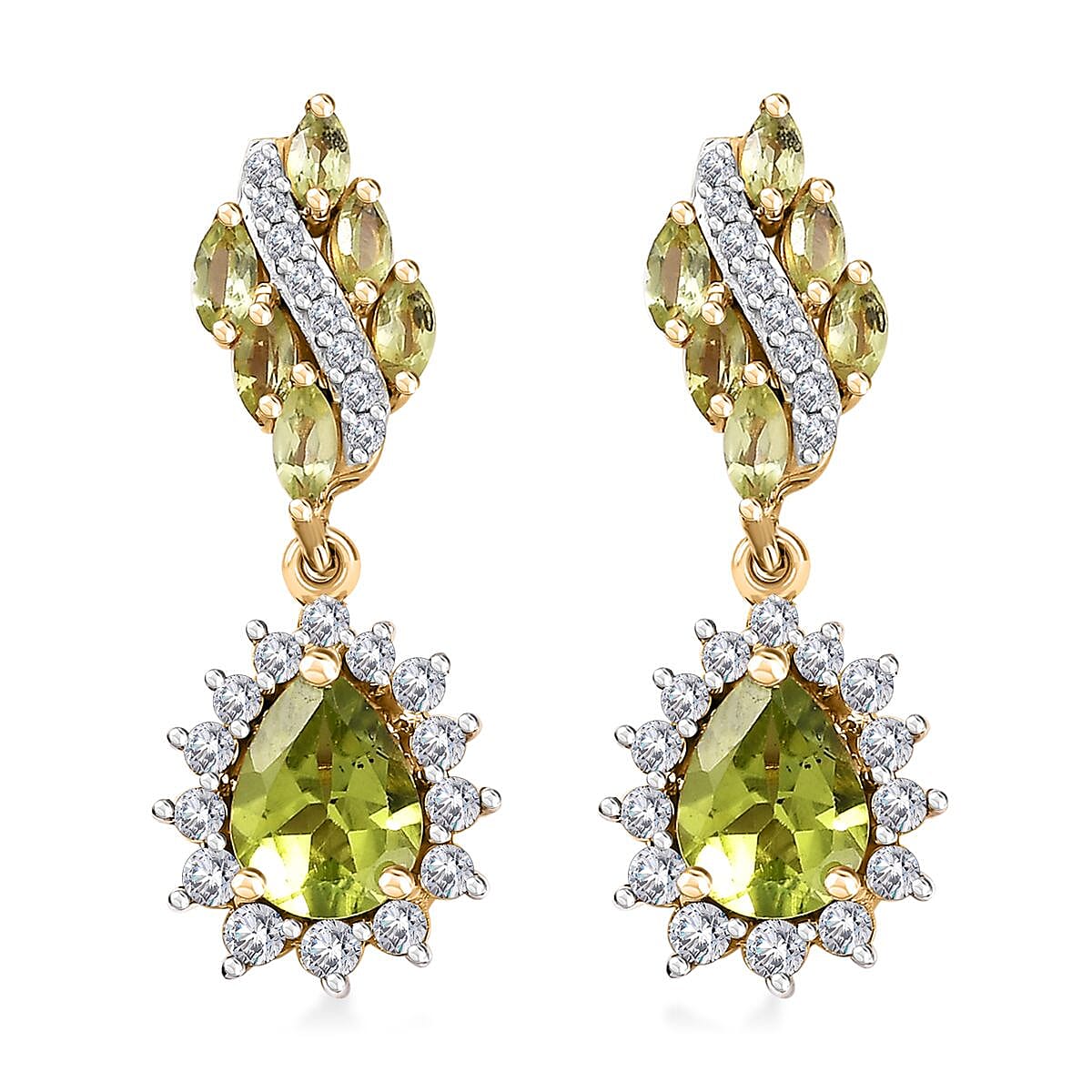 D'Joy Premium Hebei Peridot and White Zircon 4.00 ctw Leaf Earrings in 18K Vermeil Yellow Gold Over Sterling Silver