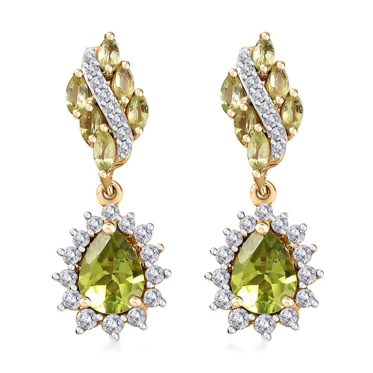 Premium Hebei Peridot and White Zircon 4.00 ctw Leaf Earrings in 18K Vermeil Yellow Gold Over Sterling Silver image number 0