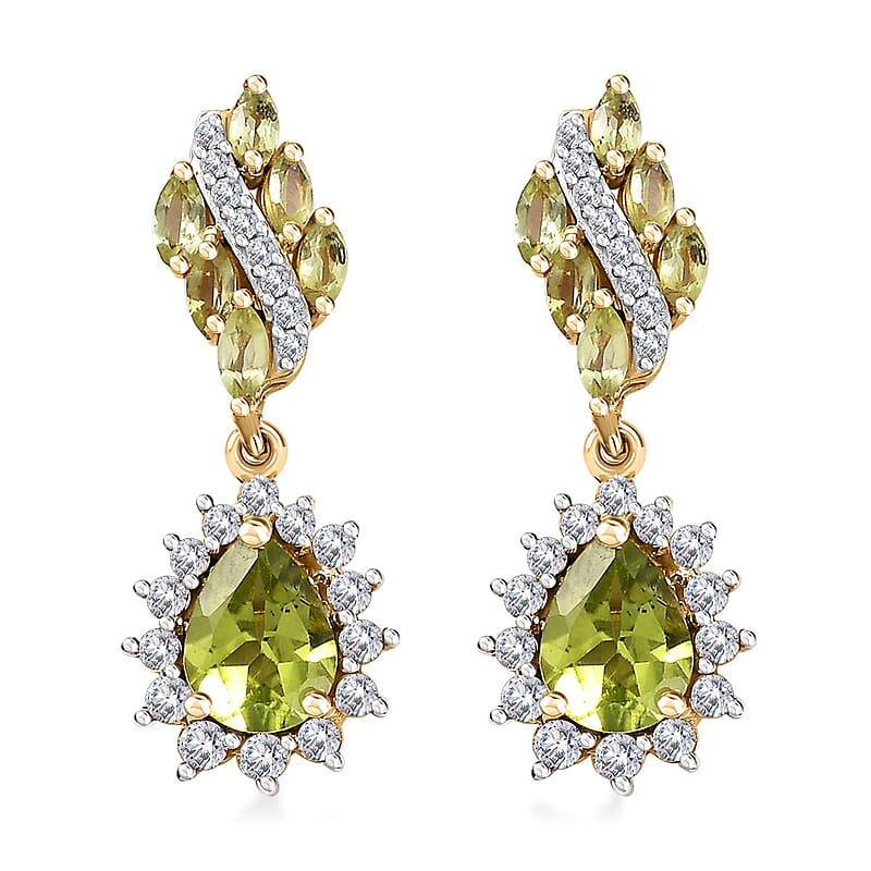 D'Joy Premium Hebei Peridot and White Zircon 4.00 ctw Leaf Earrings in 18K Vermeil Yellow Gold Over Sterling Silver