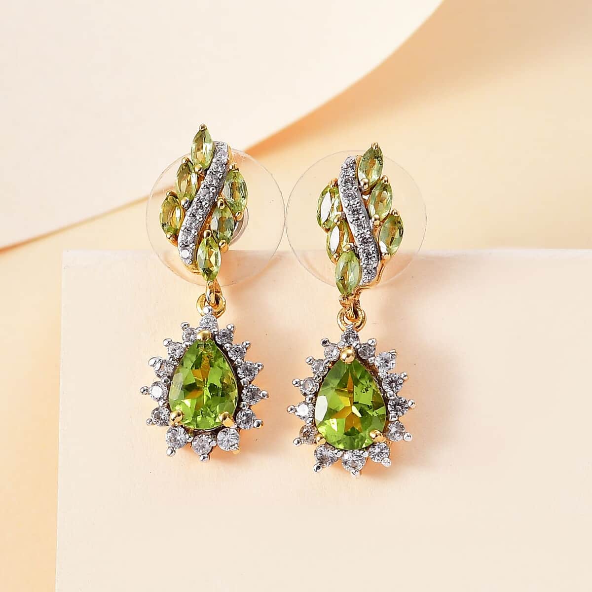 Premium Hebei Peridot and White Zircon 4.00 ctw Leaf Earrings in 18K Vermeil Yellow Gold Over Sterling Silver image number 1