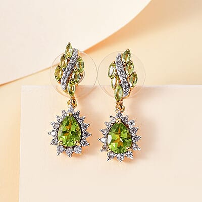 D'Joy Premium Hebei Peridot and White Zircon 4.00 ctw Leaf Earrings in 18K Vermeil Yellow Gold Over Sterling Silver