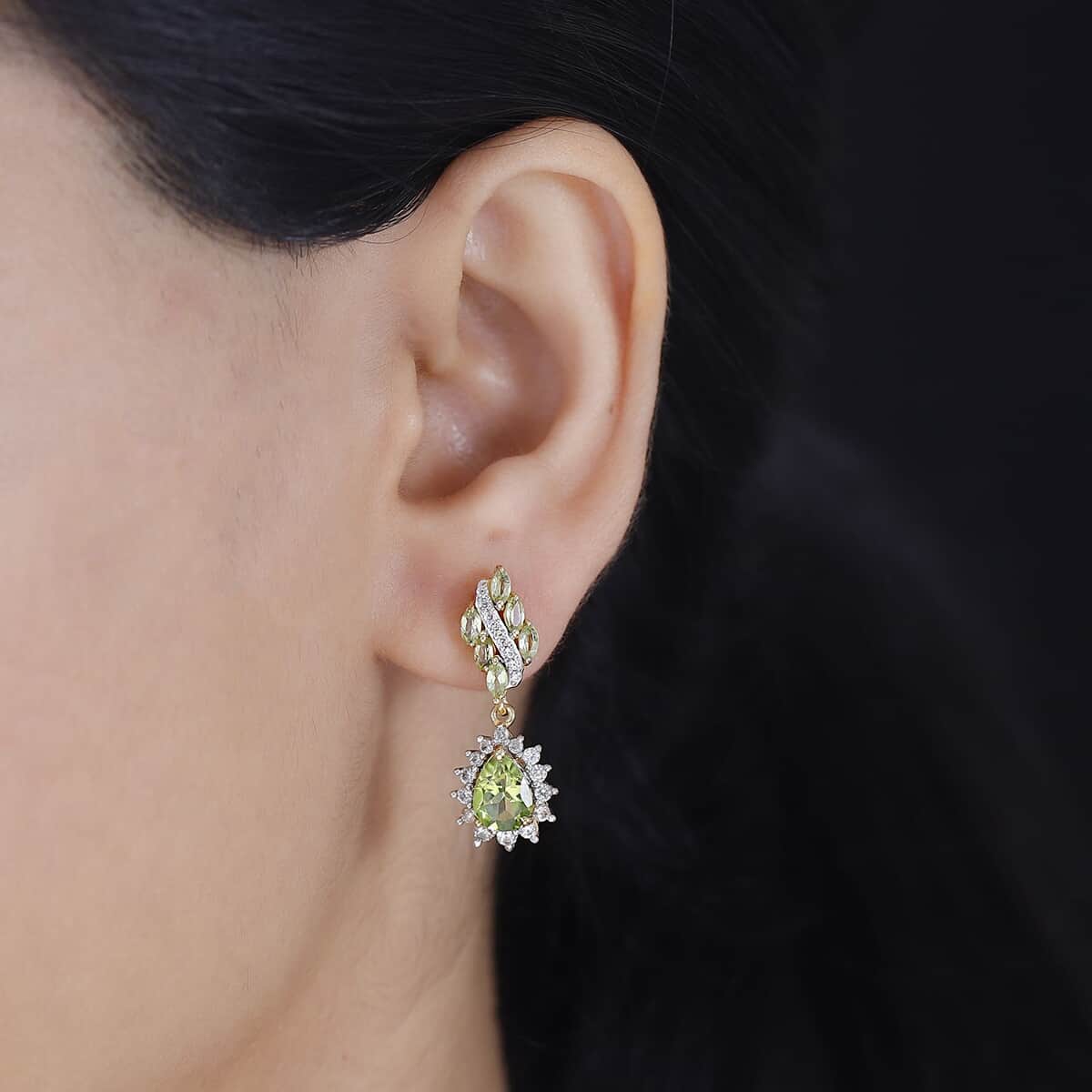 Premium Hebei Peridot and White Zircon 4.00 ctw Leaf Earrings in 18K Vermeil Yellow Gold Over Sterling Silver image number 2