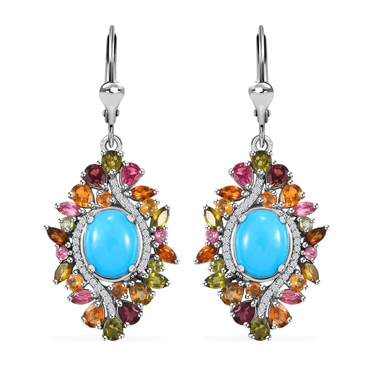 Premium Sleeping Beauty Turquoise and Multi Gemstone 9.35 ctw Floral Earrings in Rhodium Over Sterling Silver image number 0