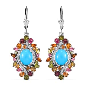 Premium Sleeping Beauty Turquoise and Multi Gemstone 9.35 ctw Floral Earrings in Rhodium Over Sterling Silver