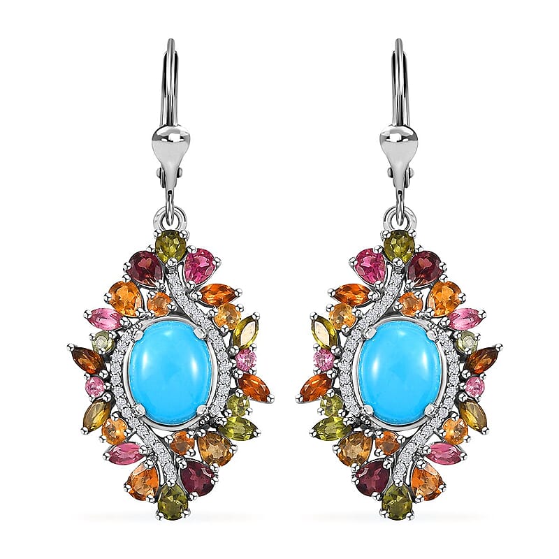 D'Joy Premium Sleeping Beauty Turquoise and Multi Gemstone 9.35 ctw Floral Earrings in Rhodium Over Sterling Silver