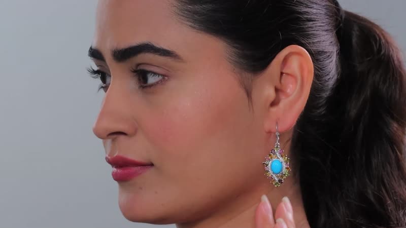 Sleeping Beauty Turquoise, Multi Gemstone Floral Earrings in Rhodium Over Sterling Silver 12.15 ctw