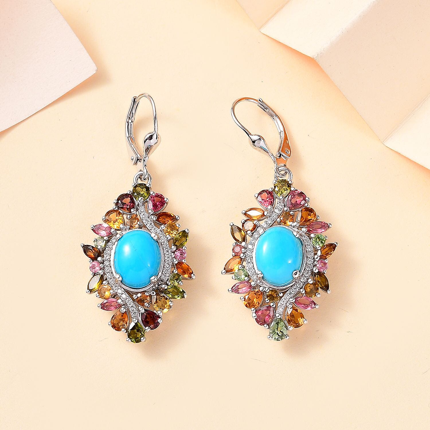 D'Joy Premium Sleeping Beauty Turquoise and Multi Gemstone 9.35 ctw Floral Earrings in Rhodium Over Sterling Silver