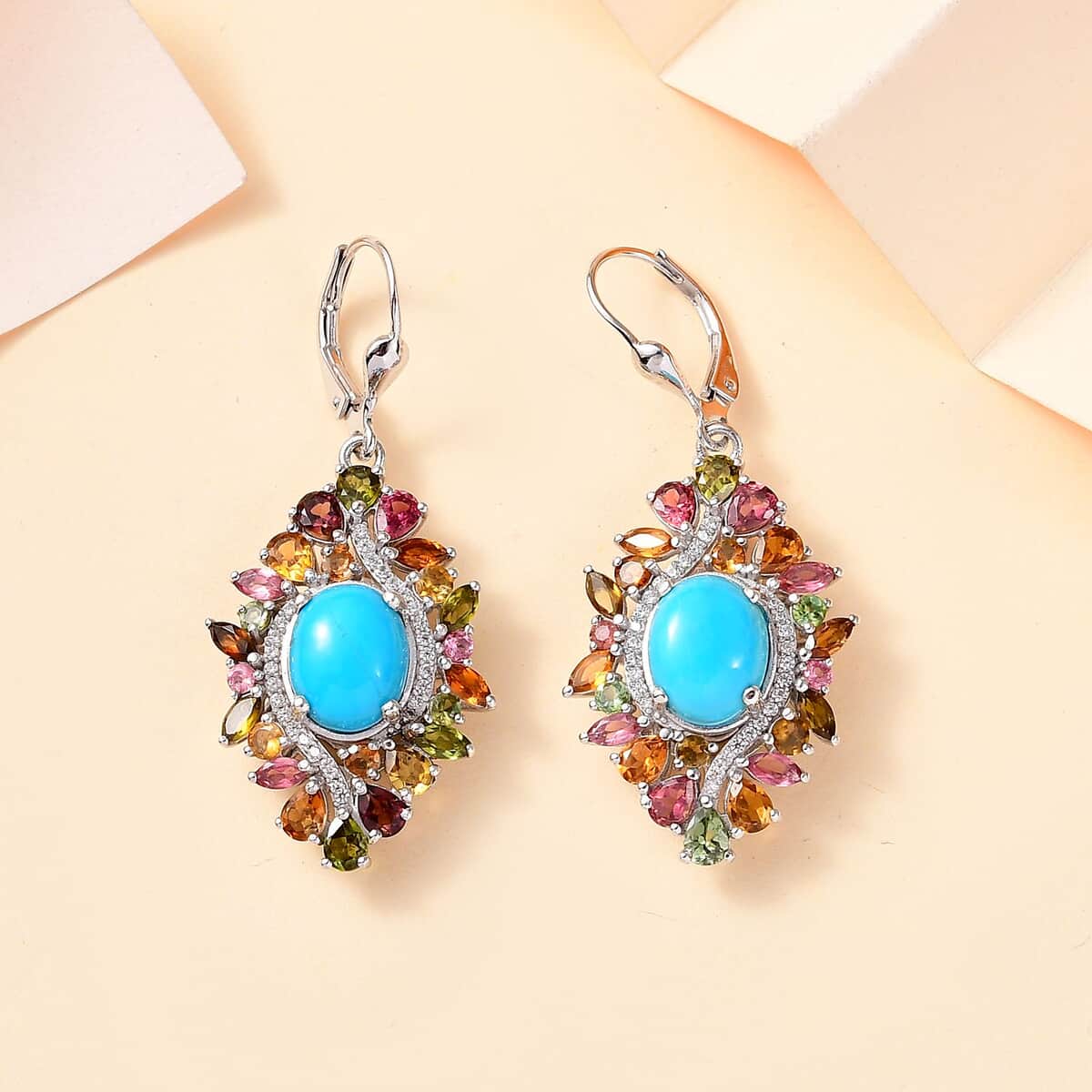 Premium Sleeping Beauty Turquoise and Multi Gemstone 9.35 ctw Floral Earrings in Rhodium Over Sterling Silver image number 1