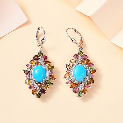D'Joy Premium Sleeping Beauty Turquoise and Multi Gemstone 9.35 ctw Floral Earrings in Rhodium Over Sterling Silver