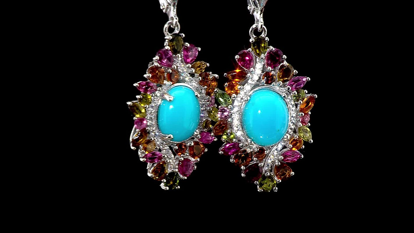 Sleeping Beauty Turquoise, Multi Gemstone Floral Earrings in Rhodium Over Sterling Silver 12.15 ctw