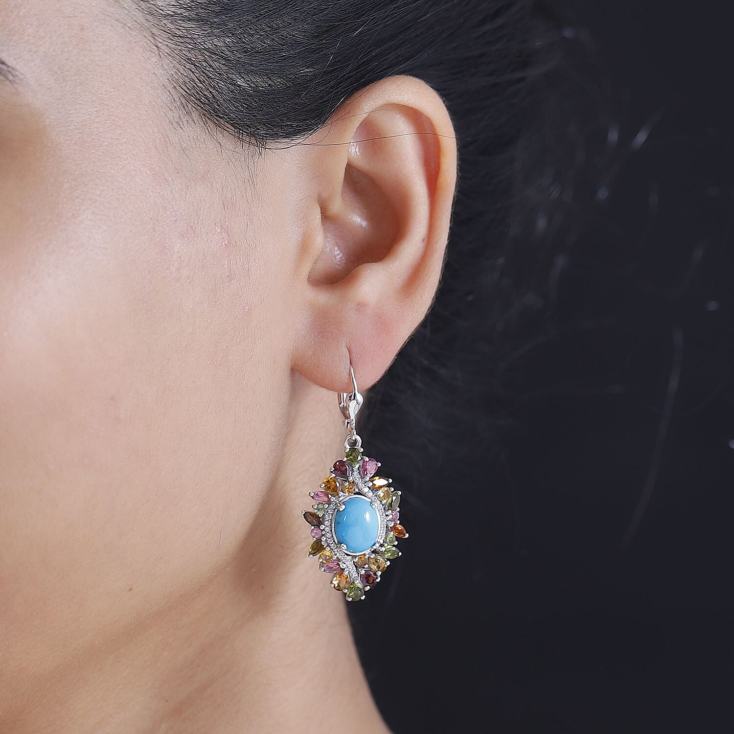 D'Joy Premium Sleeping Beauty Turquoise and Multi Gemstone 9.35 ctw Floral Earrings in Rhodium Over Sterling Silver