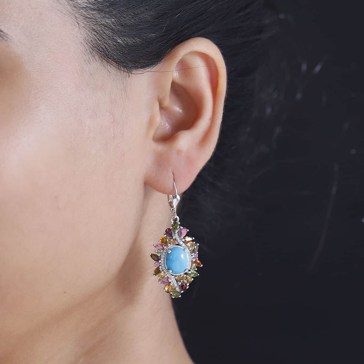 Premium Sleeping Beauty Turquoise and Multi Gemstone 9.35 ctw Floral Earrings in Rhodium Over Sterling Silver image number 2