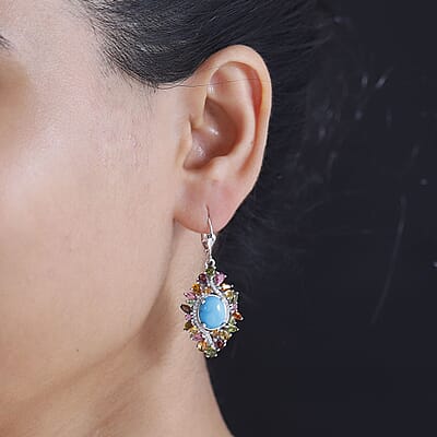 D'Joy Premium Sleeping Beauty Turquoise and Multi Gemstone 9.35 ctw Floral Earrings in Rhodium Over Sterling Silver