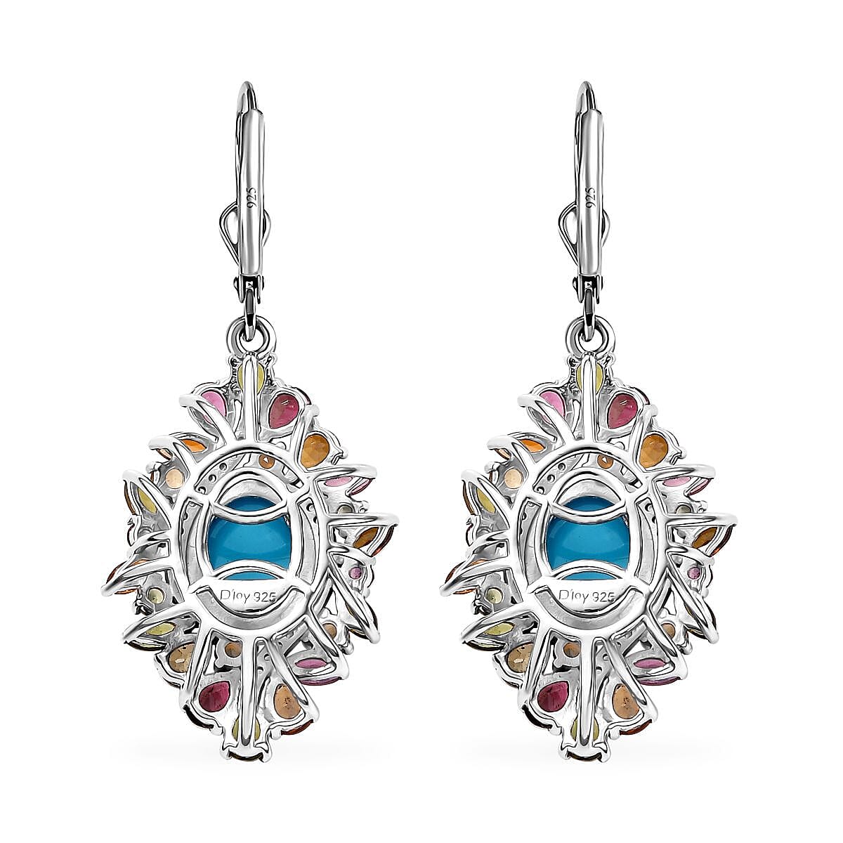 D'Joy Premium Sleeping Beauty Turquoise and Multi Gemstone 9.35 ctw Floral Earrings in Rhodium Over Sterling Silver