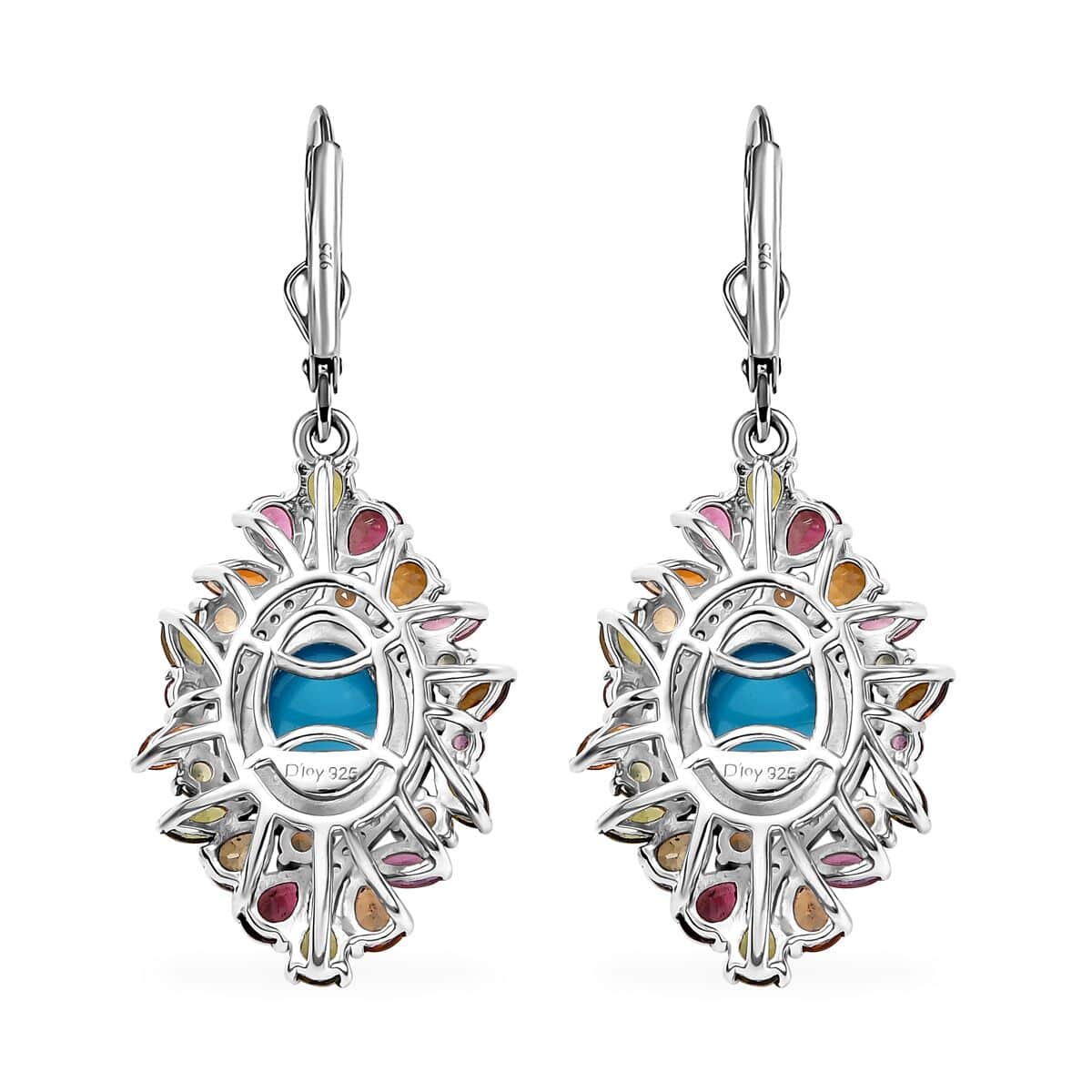 Premium Sleeping Beauty Turquoise and Multi Gemstone 9.35 ctw Floral Earrings in Rhodium Over Sterling Silver image number 3