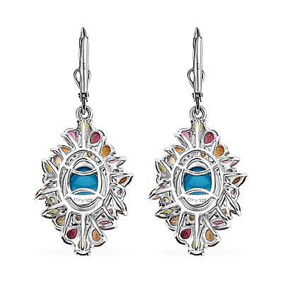 D'Joy Premium Sleeping Beauty Turquoise and Multi Gemstone 9.35 ctw Floral Earrings in Rhodium Over Sterling Silver