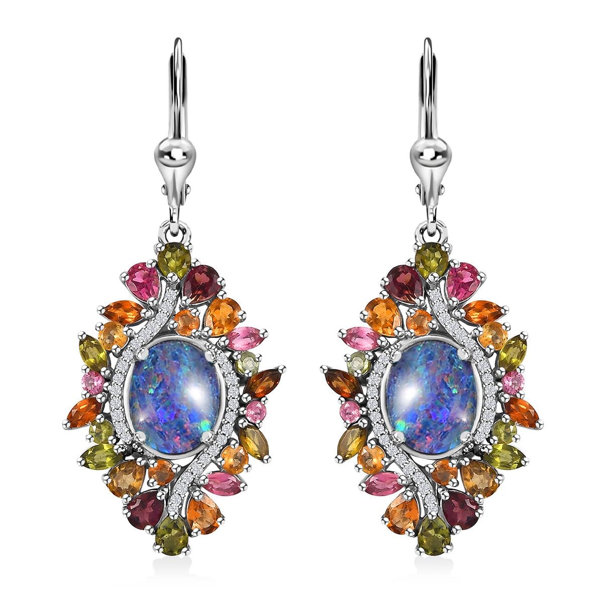 Boulder Opal Triplet and Multi Gemstone 8.50 ctw Lever Back Earrings in Rhodium Over Sterling Silver image number 0
