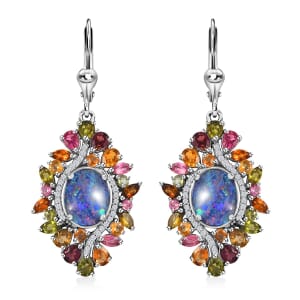 Boulder Opal Triplet and Multi Gemstone 8.50 ctw Lever Back Earrings in Rhodium Over Sterling Silver