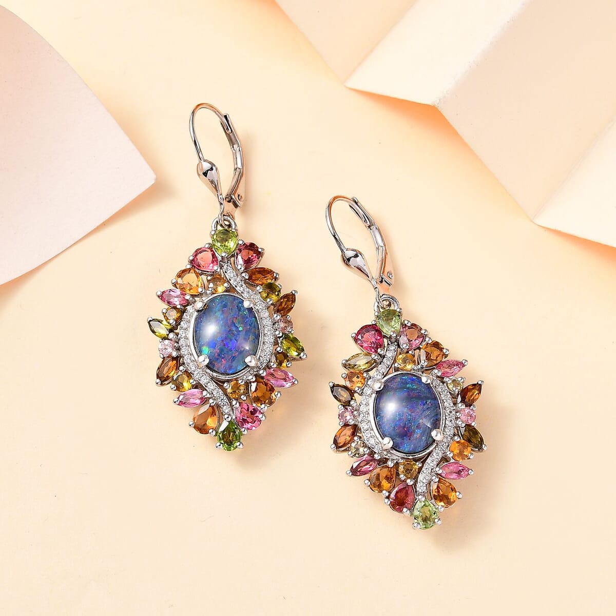 Boulder Opal Triplet and Multi Gemstone 8.50 ctw Lever Back Earrings in Rhodium Over Sterling Silver image number 1