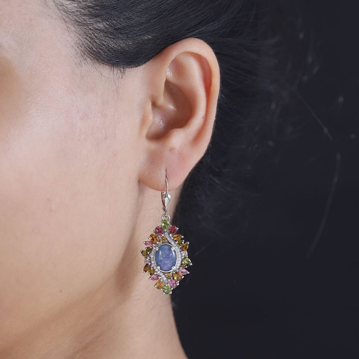 Boulder Opal Triplet and Multi Gemstone 8.50 ctw Lever Back Earrings in Rhodium Over Sterling Silver image number 2