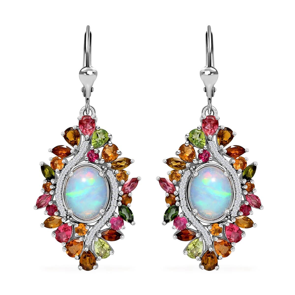 Premium Ethiopian Welo Opal and Multi Gemstone 6.10 ctw Floral Earrings in Rhodium Over Sterling Silver image number 0