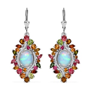 Premium Ethiopian Welo Opal and Multi Gemstone 6.10 ctw Floral Earrings in Rhodium Over Sterling Silver