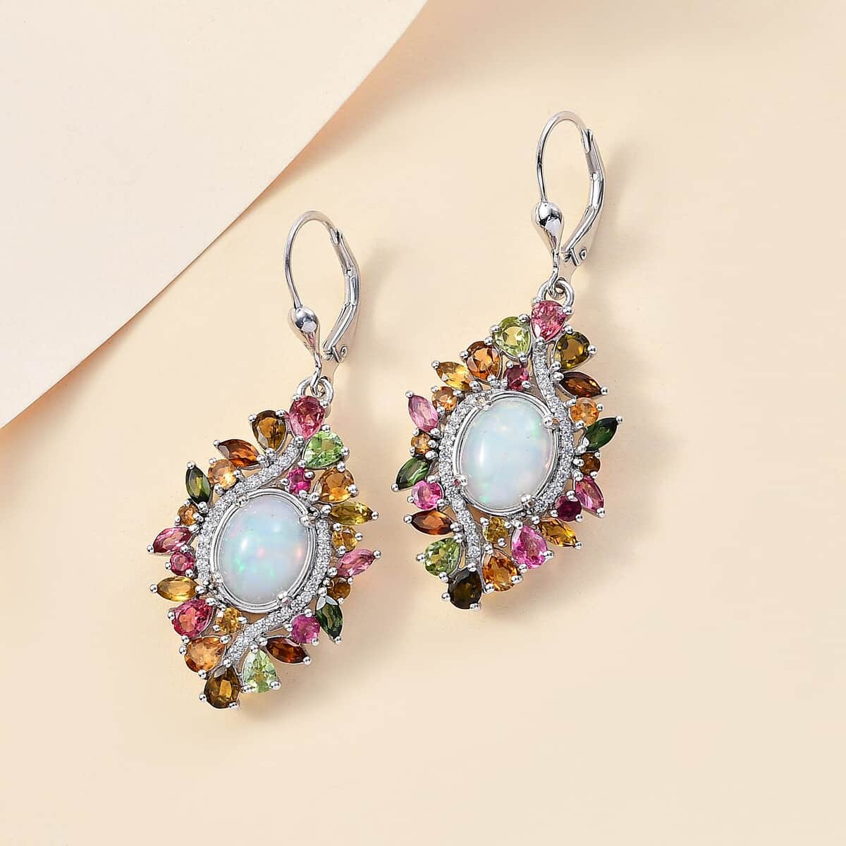 Premium Ethiopian Welo Opal and Multi Gemstone 6.10 ctw Floral Earrings in Rhodium Over Sterling Silver image number 1