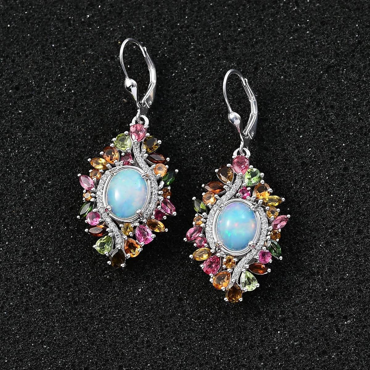 Premium Ethiopian Welo Opal and Multi Gemstone 6.10 ctw Floral Earrings in Rhodium Over Sterling Silver image number 2