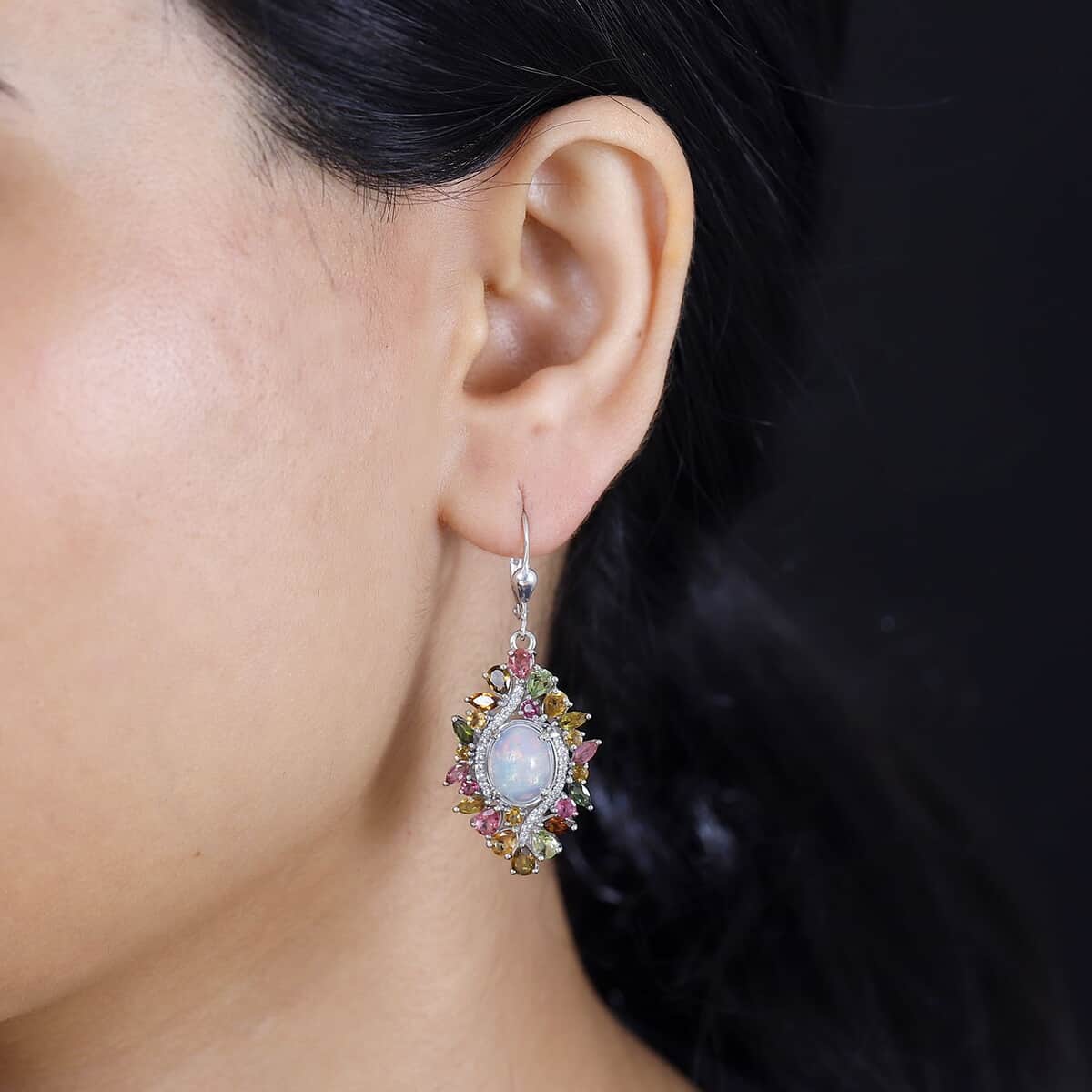 Premium Ethiopian Welo Opal and Multi Gemstone 6.10 ctw Floral Earrings in Rhodium Over Sterling Silver image number 3