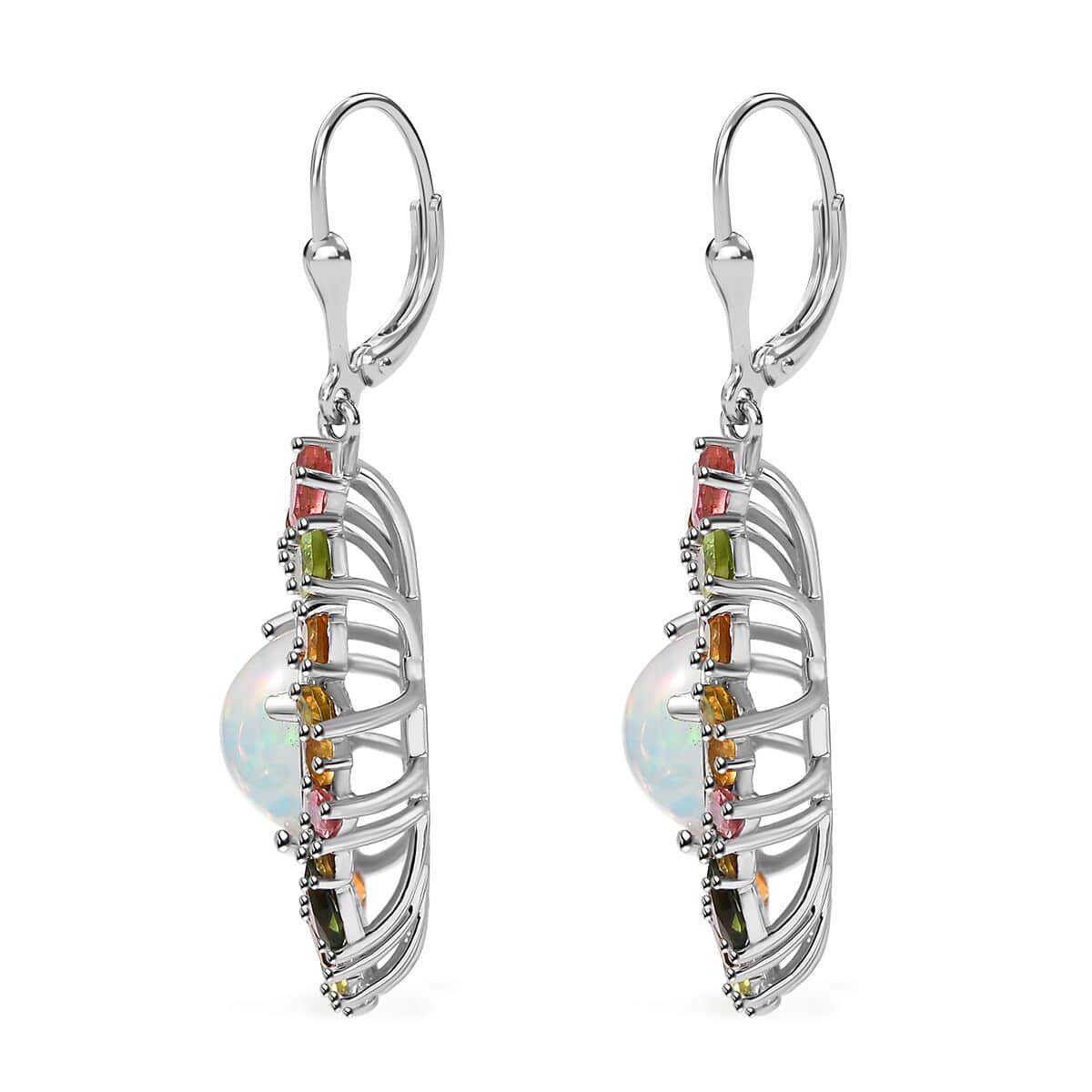 Premium Ethiopian Welo Opal and Multi Gemstone 6.10 ctw Floral Earrings in Rhodium Over Sterling Silver image number 4