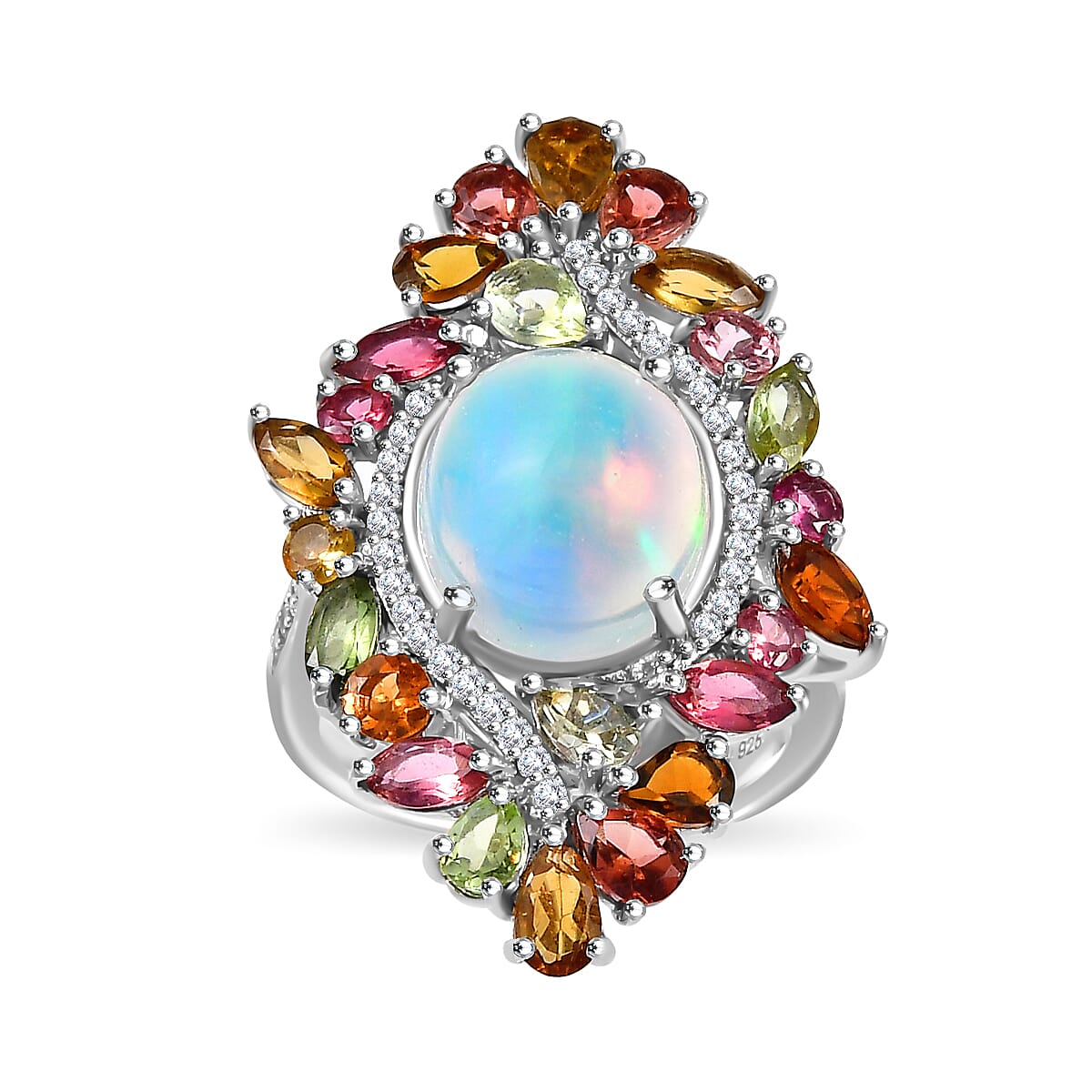 Premium Ethiopian Welo Opal and Multi Gemstone 6.35 ctw Forest Bloom Ring in Rhodium Over Sterling Silver (Size 6.0) image number 0