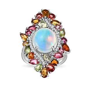 Premium Ethiopian Welo Opal and Multi Gemstone 6.35 ctw Forest Bloom Ring in Rhodium Over Sterling Silver (Size 6.0)