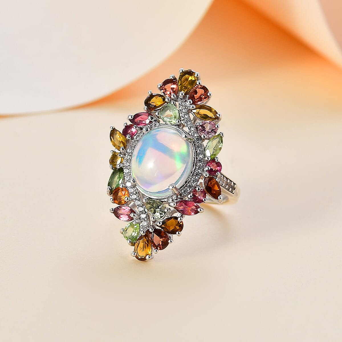 Premium Ethiopian Welo Opal and Multi Gemstone 6.35 ctw Forest Bloom Ring in Rhodium Over Sterling Silver (Size 6.0) image number 1