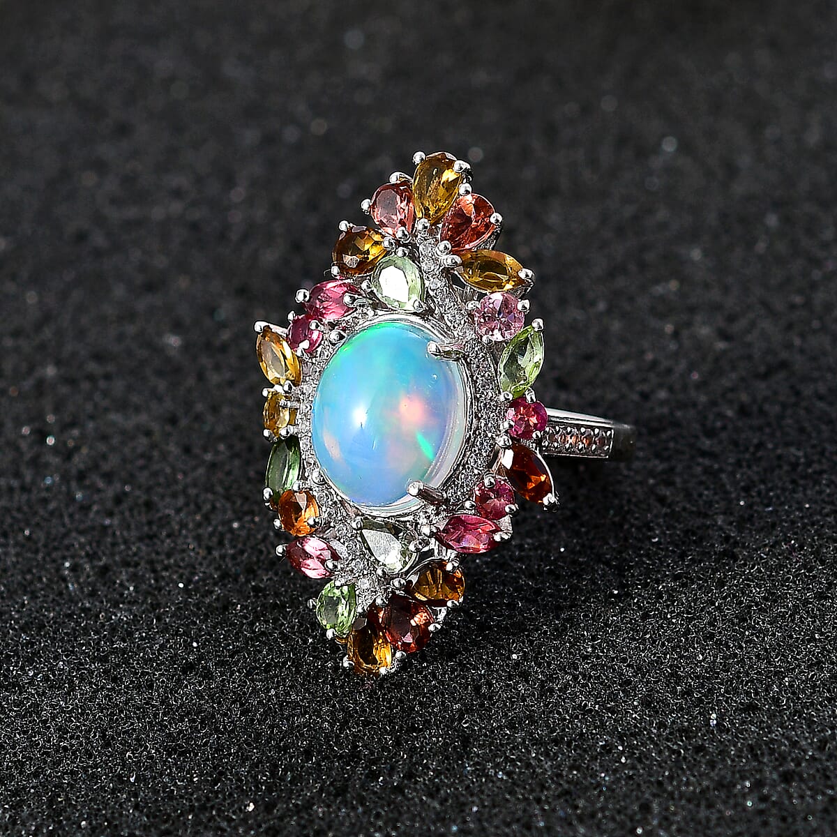 Premium Ethiopian Welo Opal and Multi Gemstone 6.35 ctw Forest Bloom Ring in Rhodium Over Sterling Silver (Size 6.0) image number 2