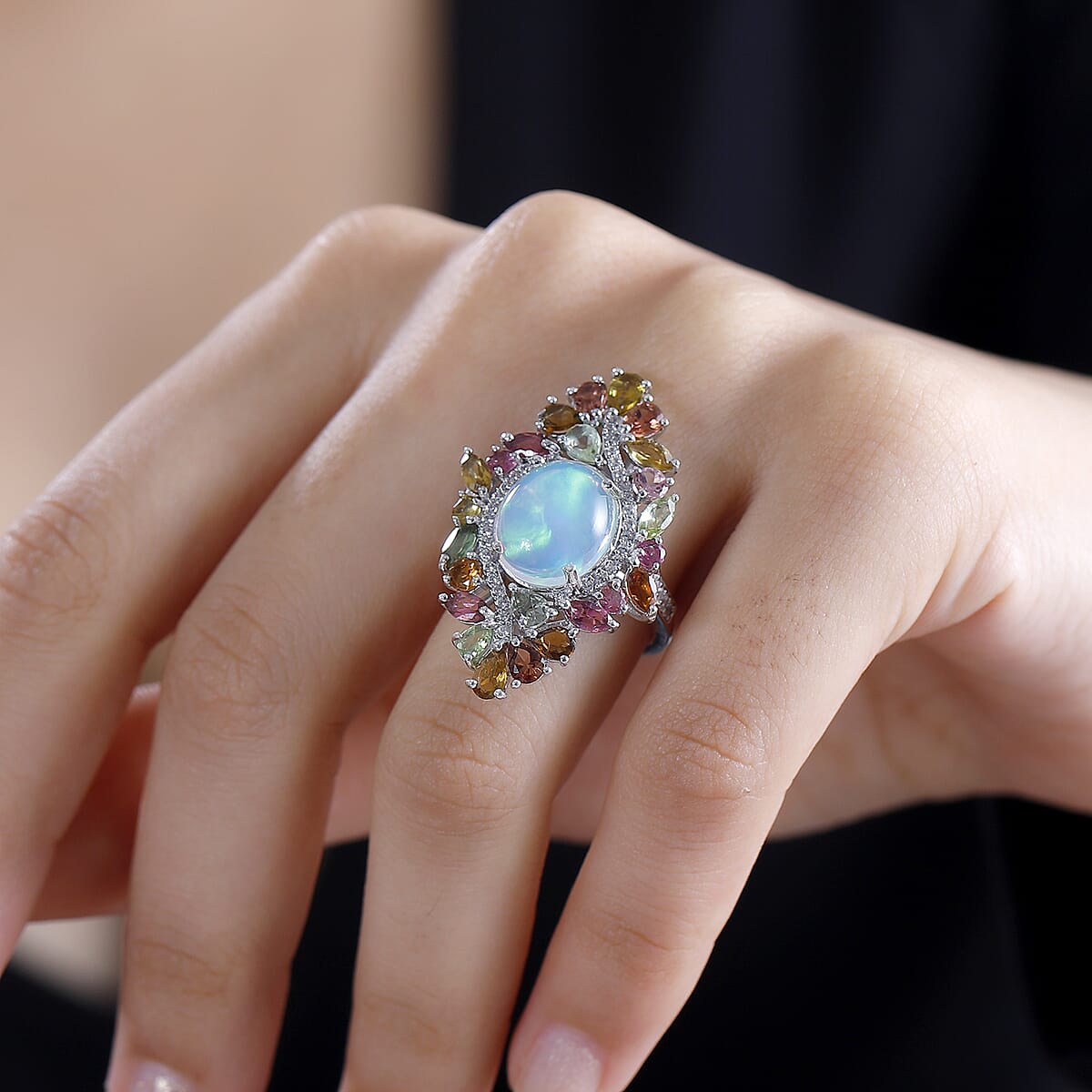 Premium Ethiopian Welo Opal and Multi Gemstone 6.35 ctw Forest Bloom Ring in Rhodium Over Sterling Silver (Size 6.0) image number 3