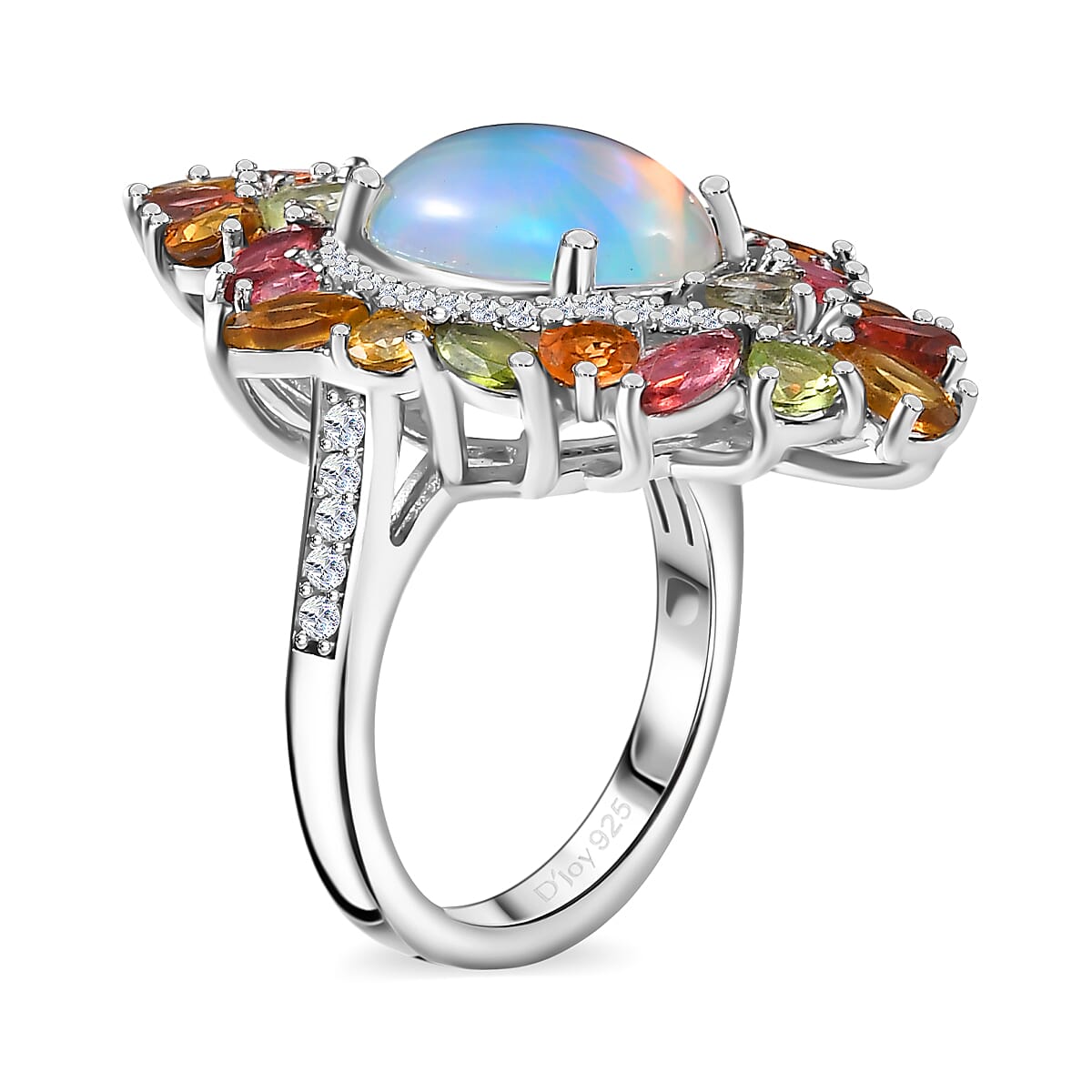 Premium Ethiopian Welo Opal and Multi Gemstone 6.35 ctw Forest Bloom Ring in Rhodium Over Sterling Silver (Size 6.0) image number 4