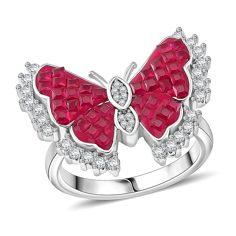 Simulated White and Ruby Color Diamond Butterfly Ring in Rhodium Over Sterling Silver (Size 10.0)