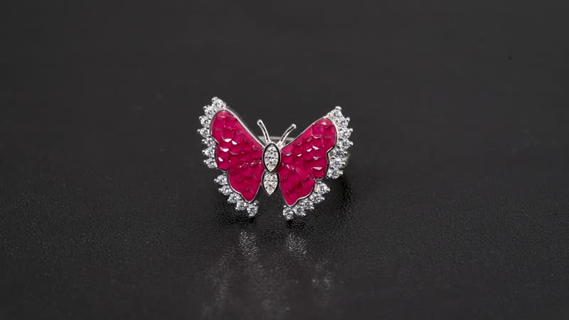 Simulated White and Ruby Color Diamond Butterfly Ring in Rhodium Over Sterling Silver (Size 10.0) 2.00 ctw