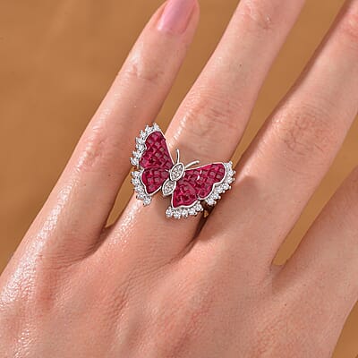 Simulated White and Ruby Color Diamond Butterfly Ring in Rhodium Over Sterling Silver (Size 10.0)