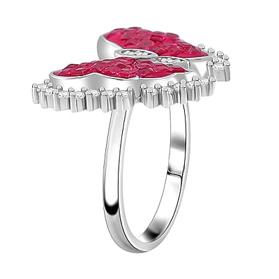 Simulated White and Ruby Color Diamond Butterfly Ring in Rhodium Over Sterling Silver (Size 10.0)