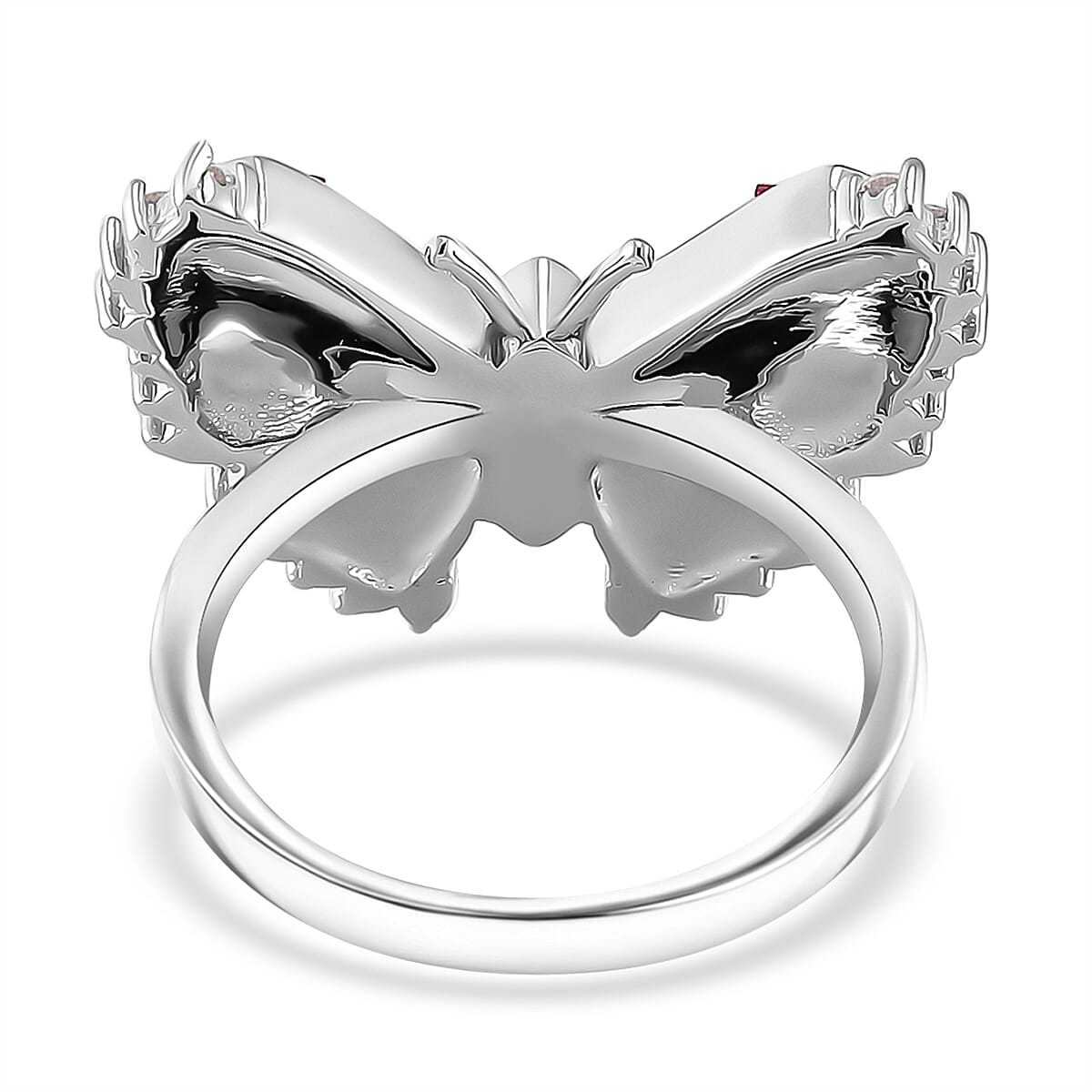 Simulated White and Ruby Color Diamond Butterfly Ring in Rhodium Over Sterling Silver (Size 10.0)