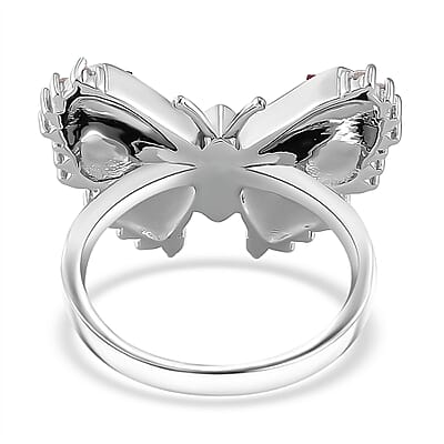 Simulated White and Ruby Color Diamond Butterfly Ring in Rhodium Over Sterling Silver (Size 10.0)