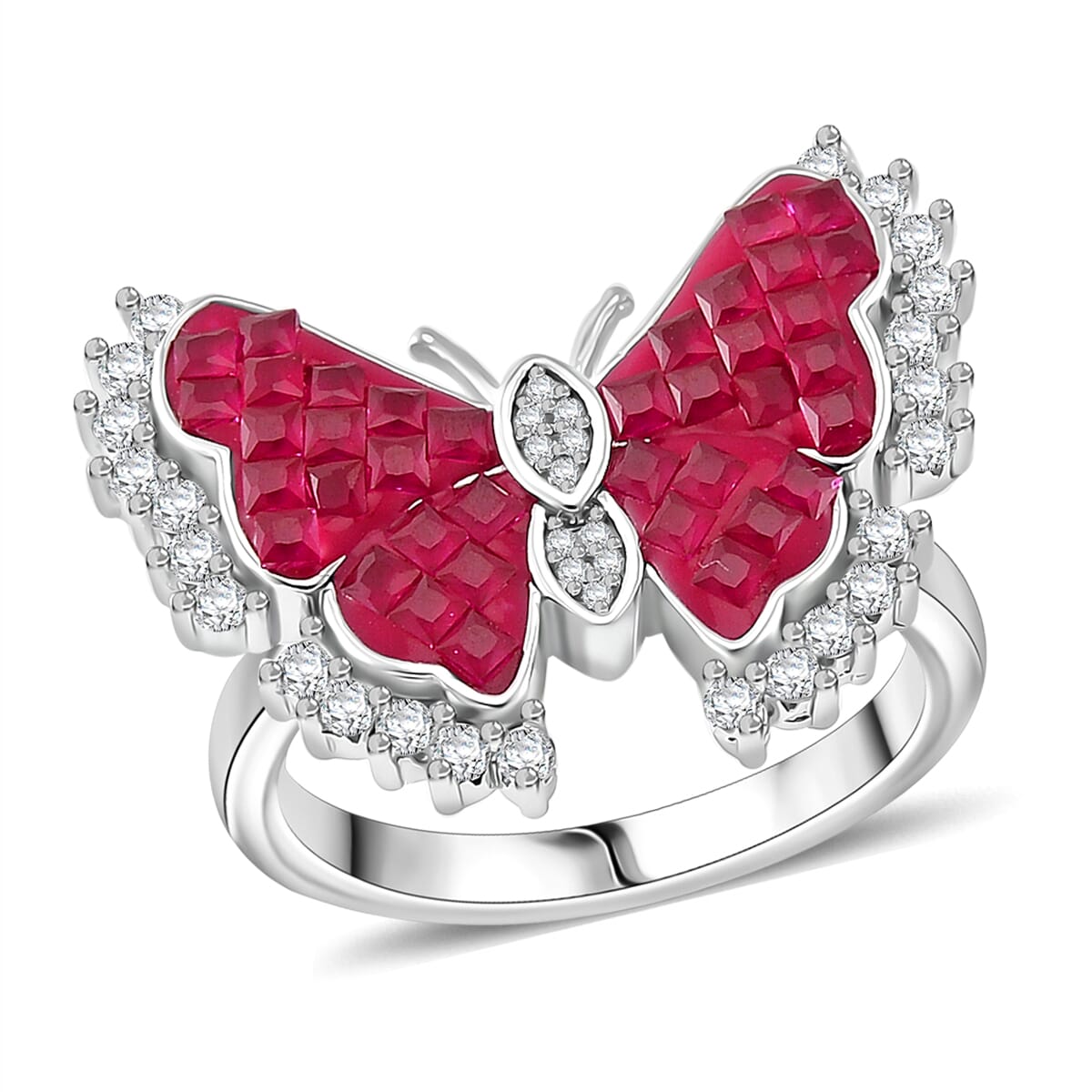 Simulated White and Ruby Color Diamond Butterfly Ring in Rhodium Over Sterling Silver (Size 8.0) image number 0