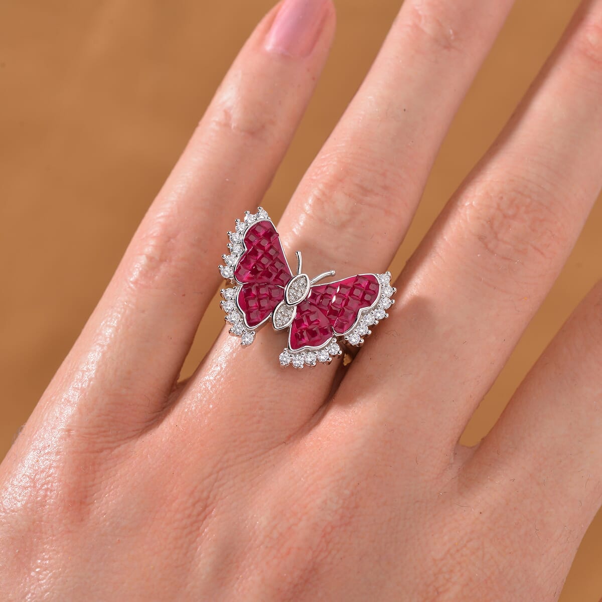 Simulated White and Ruby Color Diamond Butterfly Ring in Rhodium Over Sterling Silver (Size 8.0) image number 1