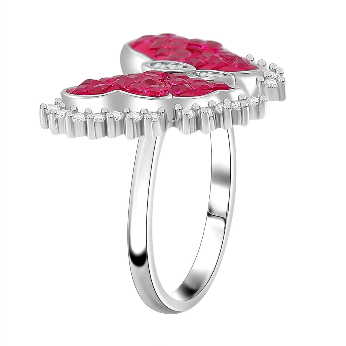 Simulated White and Ruby Color Diamond Butterfly Ring in Rhodium Over Sterling Silver (Size 8.0) image number 2