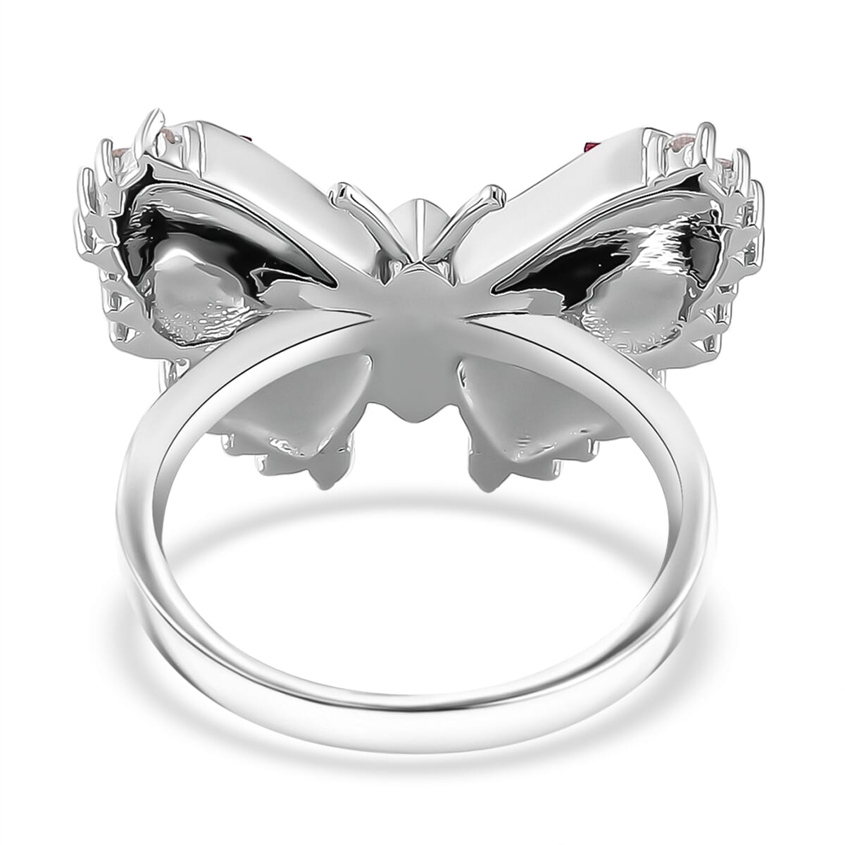 Simulated White and Ruby Color Diamond Butterfly Ring in Rhodium Over Sterling Silver (Size 8.0) image number 3