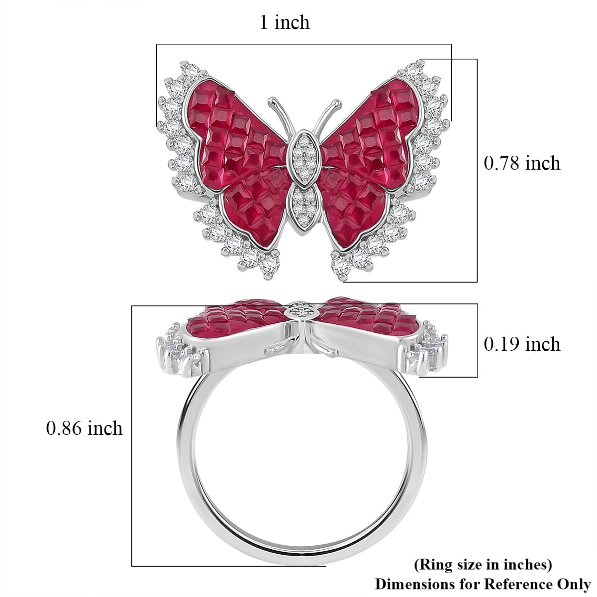 Simulated White and Ruby Color Diamond Butterfly Ring in Rhodium Over Sterling Silver (Size 8.0) image number 4