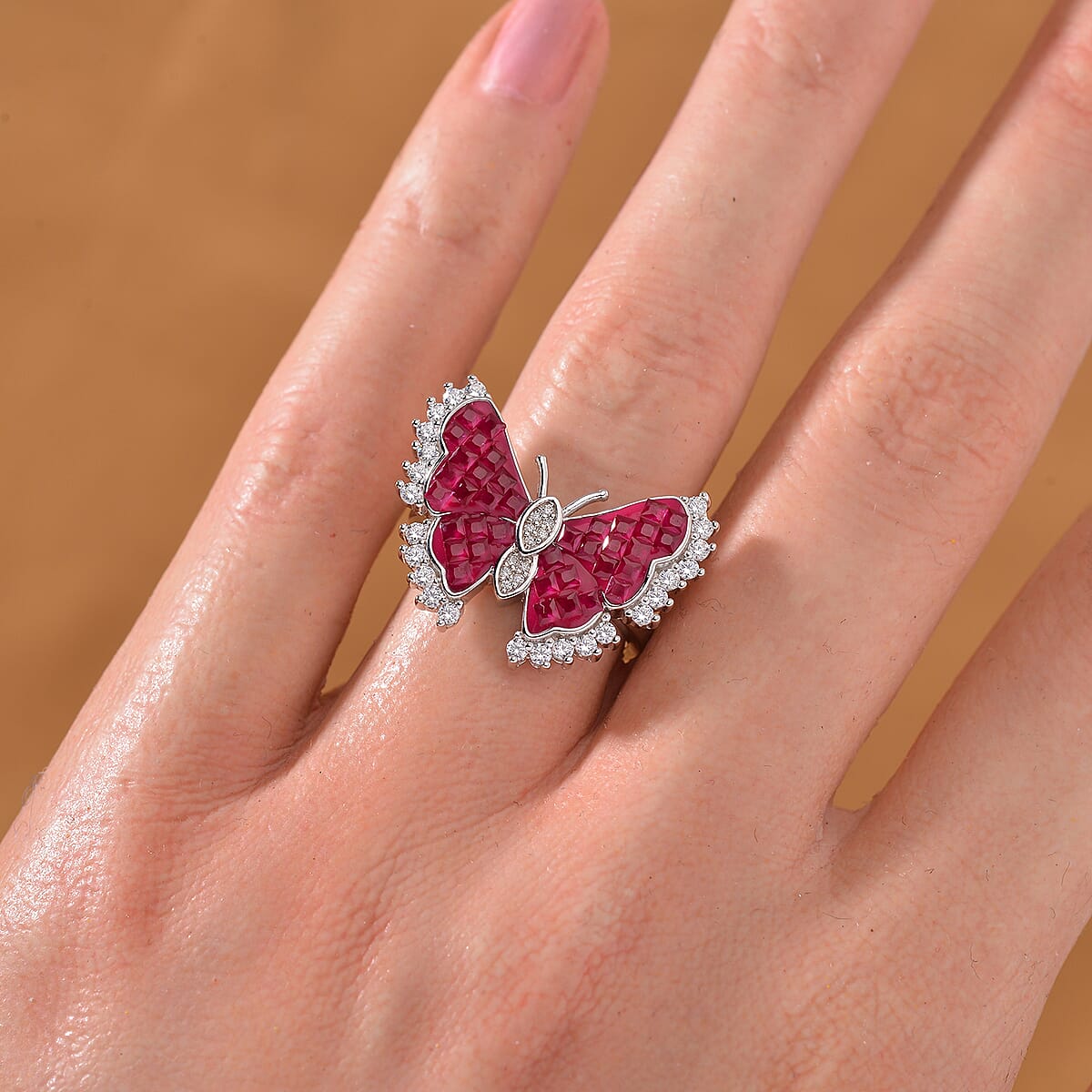 Simulated White and Ruby Color Diamond Butterfly Ring in Rhodium Over Sterling Silver (Size 9.0) image number 1