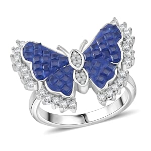 Simulated White and Blue Diamond Butterfly Ring in Rhodium Over Sterling Silver (Size 10.0)